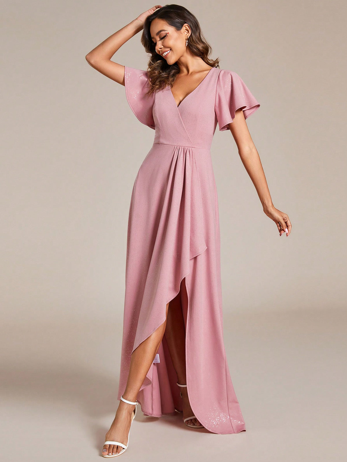 EVER-PRETTY Elegant Off-The-Shoulder V-Neck Shiny Bridesmaid Dress With Ruffle Sleeve