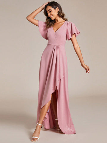 EVER-PRETTY Elegant Off-The-Shoulder V-Neck Shiny Bridesmaid Dress With Ruffle Sleeve