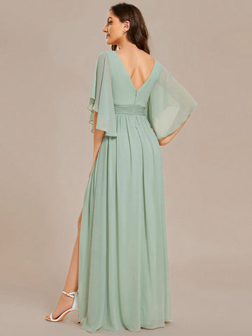 EVER-PRETTY Elegant Off Shoulder Ruffle Sleeve V-Neck High Waist Slim Fit Bridesmaid Dress