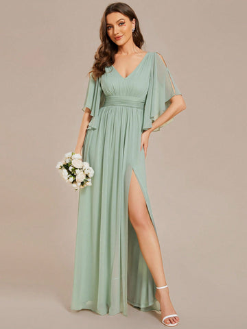 EVER-PRETTY Elegant Off Shoulder Ruffle Sleeve V-Neck High Waist Slim Fit Bridesmaid Dress