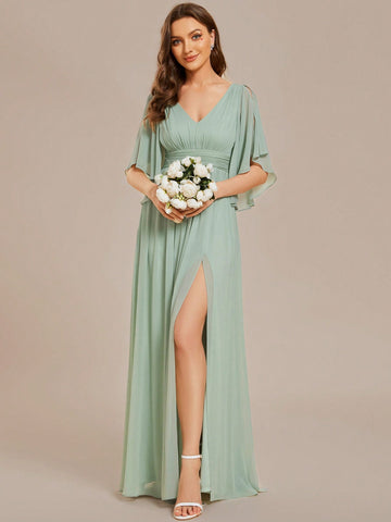 EVER-PRETTY Elegant Off Shoulder Ruffle Sleeve V-Neck High Waist Slim Fit Bridesmaid Dress
