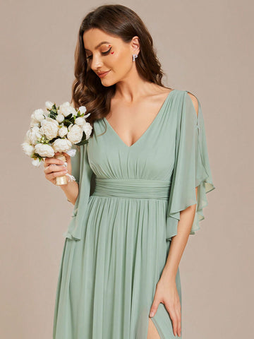EVER-PRETTY Elegant Off Shoulder Ruffle Sleeve V-Neck High Waist Slim Fit Bridesmaid Dress