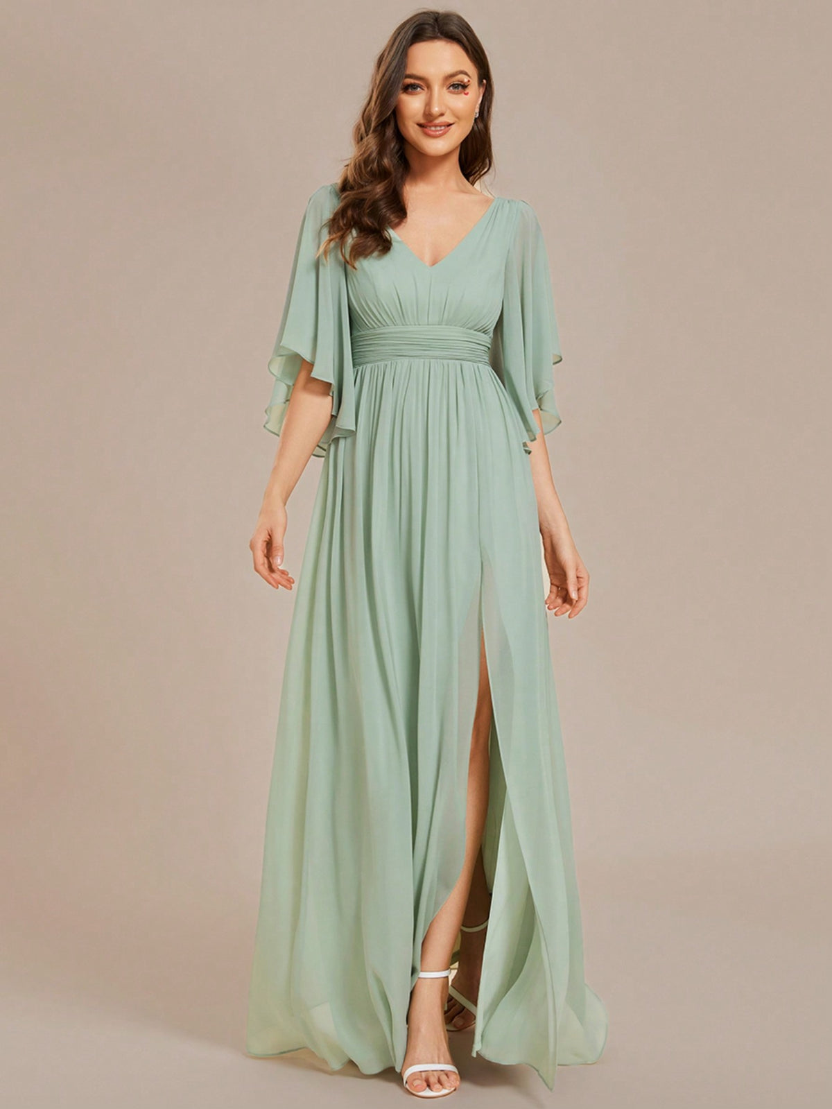 EVER-PRETTY Elegant Off Shoulder Ruffle Sleeve V-Neck High Waist Slim Fit Bridesmaid Dress