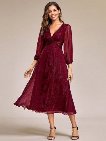 EVER-PRETTY Elegant Romantic Ruffle Hem Twist Knot Formal Dress