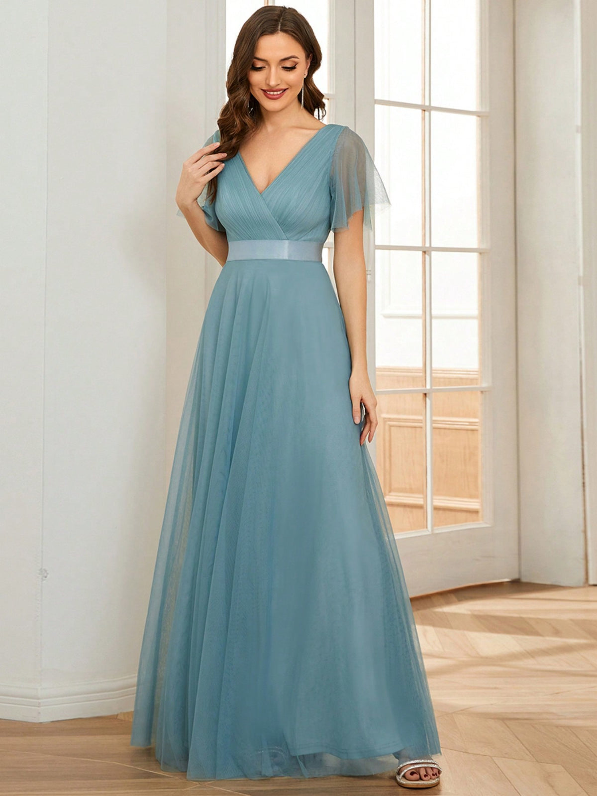 EVER-PRETTY Elegant Sheer Mesh V-Neck Lotus Leaf Sleeve Bridesmaid Formal Evening Dress For Women