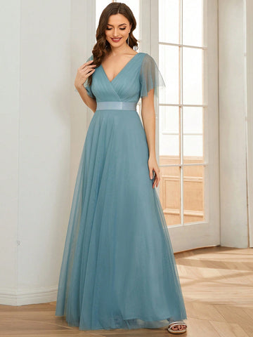 EVER-PRETTY Elegant Sheer Mesh V-Neck Lotus Leaf Sleeve Bridesmaid Formal Evening Dress For Women
