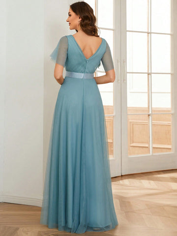 EVER-PRETTY Elegant Sheer Mesh V-Neck Lotus Leaf Sleeve Bridesmaid Formal Evening Dress For Women
