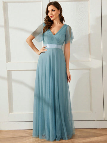EVER-PRETTY Elegant Sheer Mesh V-Neck Lotus Leaf Sleeve Bridesmaid Formal Evening Dress For Women