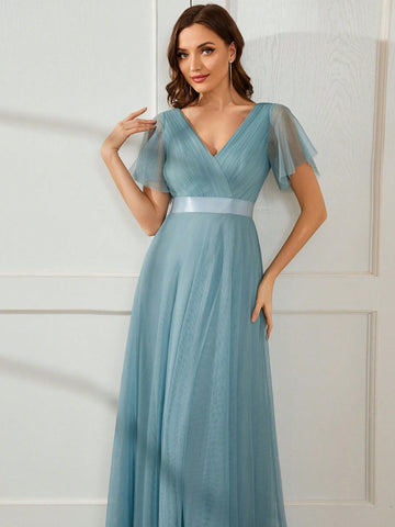 EVER-PRETTY Elegant Sheer Mesh V-Neck Lotus Leaf Sleeve Bridesmaid Formal Evening Dress For Women