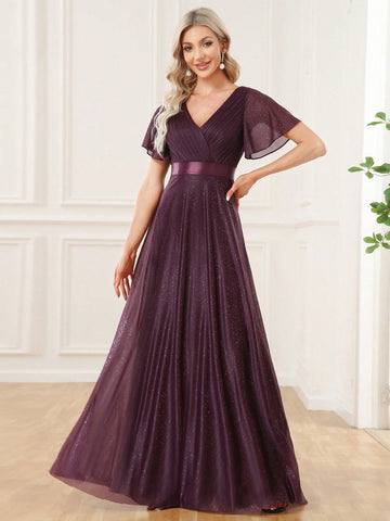 EVER-PRETTY Elegant Sparkly V-Neck Dress With Ruffled Sleeves For Bridesmaids