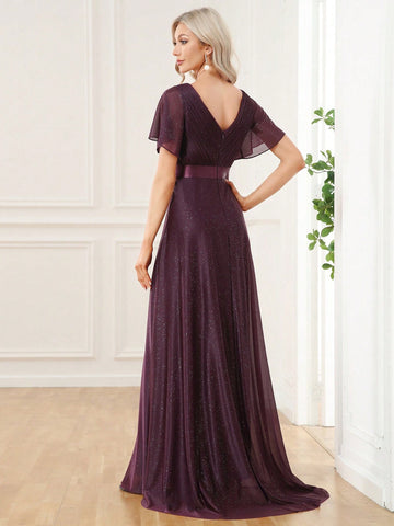EVER-PRETTY Elegant Sparkly V-Neck Dress With Ruffled Sleeves For Bridesmaids