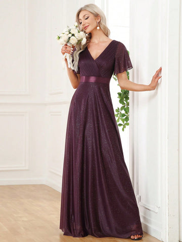 EVER-PRETTY Elegant Sparkly V-Neck Dress With Ruffled Sleeves For Bridesmaids
