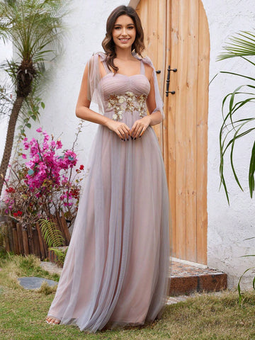 EVER-PRETTY Elegant Tulle Applique Bowknot Belted Bridesmaid Dress