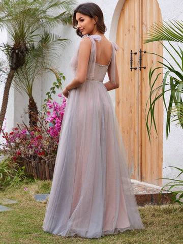 EVER-PRETTY Elegant Tulle Applique Bowknot Belted Bridesmaid Dress