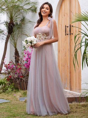 EVER-PRETTY Elegant Tulle Applique Bowknot Belted Bridesmaid Dress
