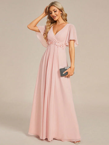 EVER-PRETTY Elegant V-Neck Applique Chiffon Bridesmaid Dress With Ruffle Sleeves