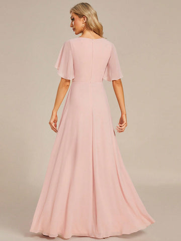 EVER-PRETTY Elegant V-Neck Applique Chiffon Bridesmaid Dress With Ruffle Sleeves