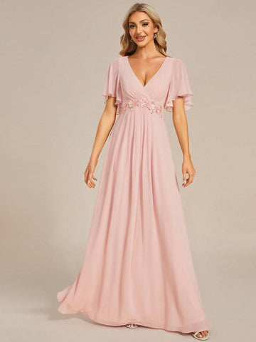 EVER-PRETTY Elegant V-Neck Applique Chiffon Bridesmaid Dress With Ruffle Sleeves