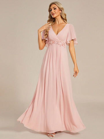 EVER-PRETTY Elegant V-Neck Applique Chiffon Bridesmaid Dress With Ruffle Sleeves