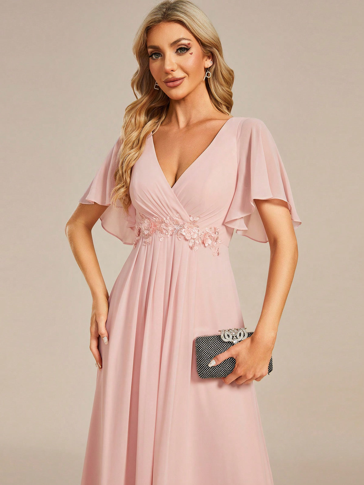 EVER-PRETTY Elegant V-Neck Applique Chiffon Bridesmaid Dress With Ruffle Sleeves
