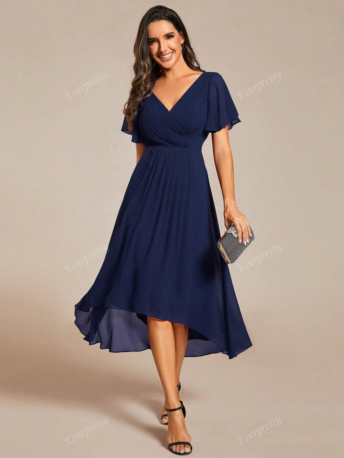 EVER-PRETTY Elegant V-Neck Ruffle Asymmetrical Hem Formal Dress (Guest Dress)