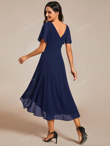 EVER-PRETTY Elegant V-Neck Ruffle Asymmetrical Hem Formal Dress (Guest Dress)