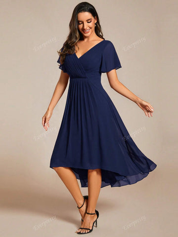 EVER-PRETTY Elegant V-Neck Ruffle Asymmetrical Hem Formal Dress (Guest Dress)