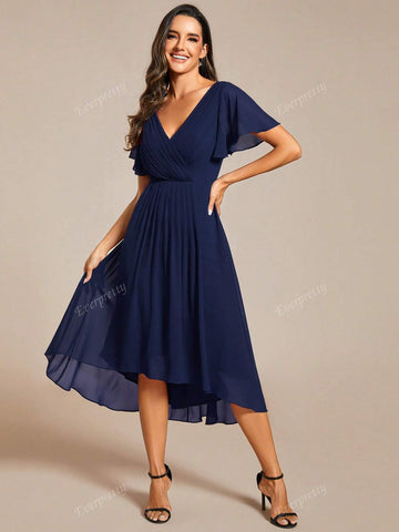 EVER-PRETTY Elegant V-Neck Ruffle Asymmetrical Hem Formal Dress (Guest Dress)