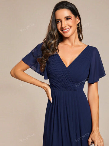 EVER-PRETTY Elegant V-Neck Ruffle Asymmetrical Hem Formal Dress (Guest Dress)