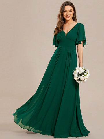 EVER-PRETTY Elegant V-neck Bridesmaid Dress With Butterfly Sleeve And Open Back Design