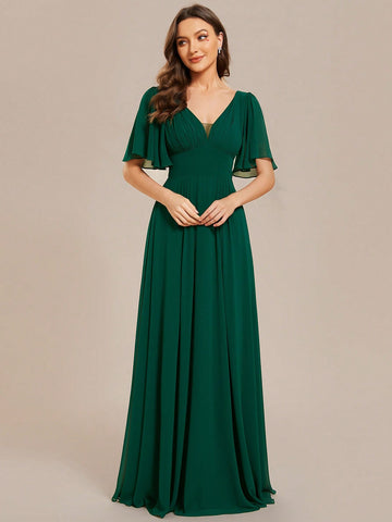 EVER-PRETTY Elegant V-neck Bridesmaid Dress With Butterfly Sleeve And Open Back Design