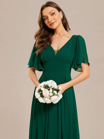 EVER-PRETTY Elegant V-neck Bridesmaid Dress With Butterfly Sleeve And Open Back Design