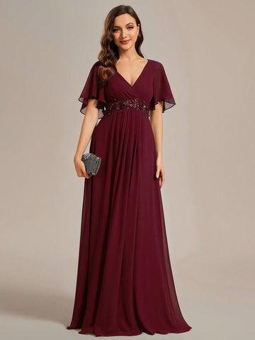 EVER-PRETTY Elegant V-neck Floral Applique Ruffle Sleeve Chiffon Formal Dress