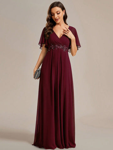 EVER-PRETTY Elegant V-neck Floral Applique Ruffle Sleeve Chiffon Formal Dress
