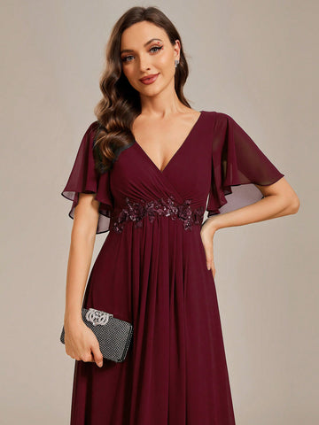 EVER-PRETTY Elegant V-neck Floral Applique Ruffle Sleeve Chiffon Formal Dress