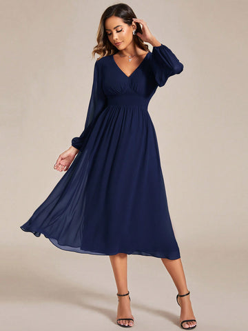 EVER-PRETTY Elegant V-neck Lantern Sleeve Bridesmaid Dress