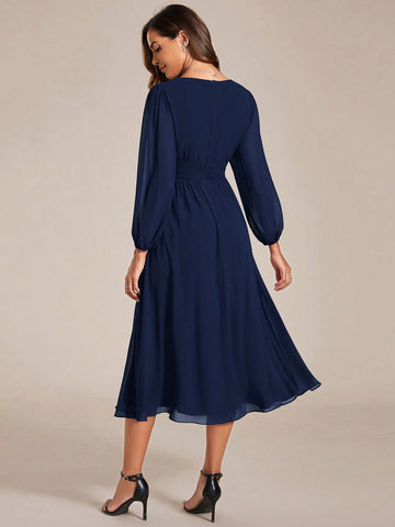 EVER-PRETTY Elegant V-neck Lantern Sleeve Bridesmaid Dress
