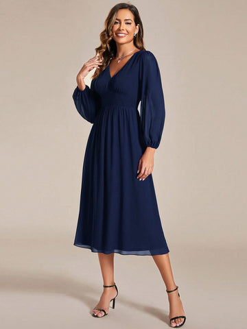 EVER-PRETTY Elegant V-neck Lantern Sleeve Bridesmaid Dress