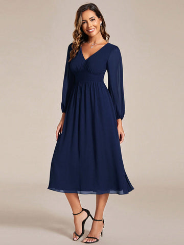 EVER-PRETTY Elegant V-neck Lantern Sleeve Bridesmaid Dress
