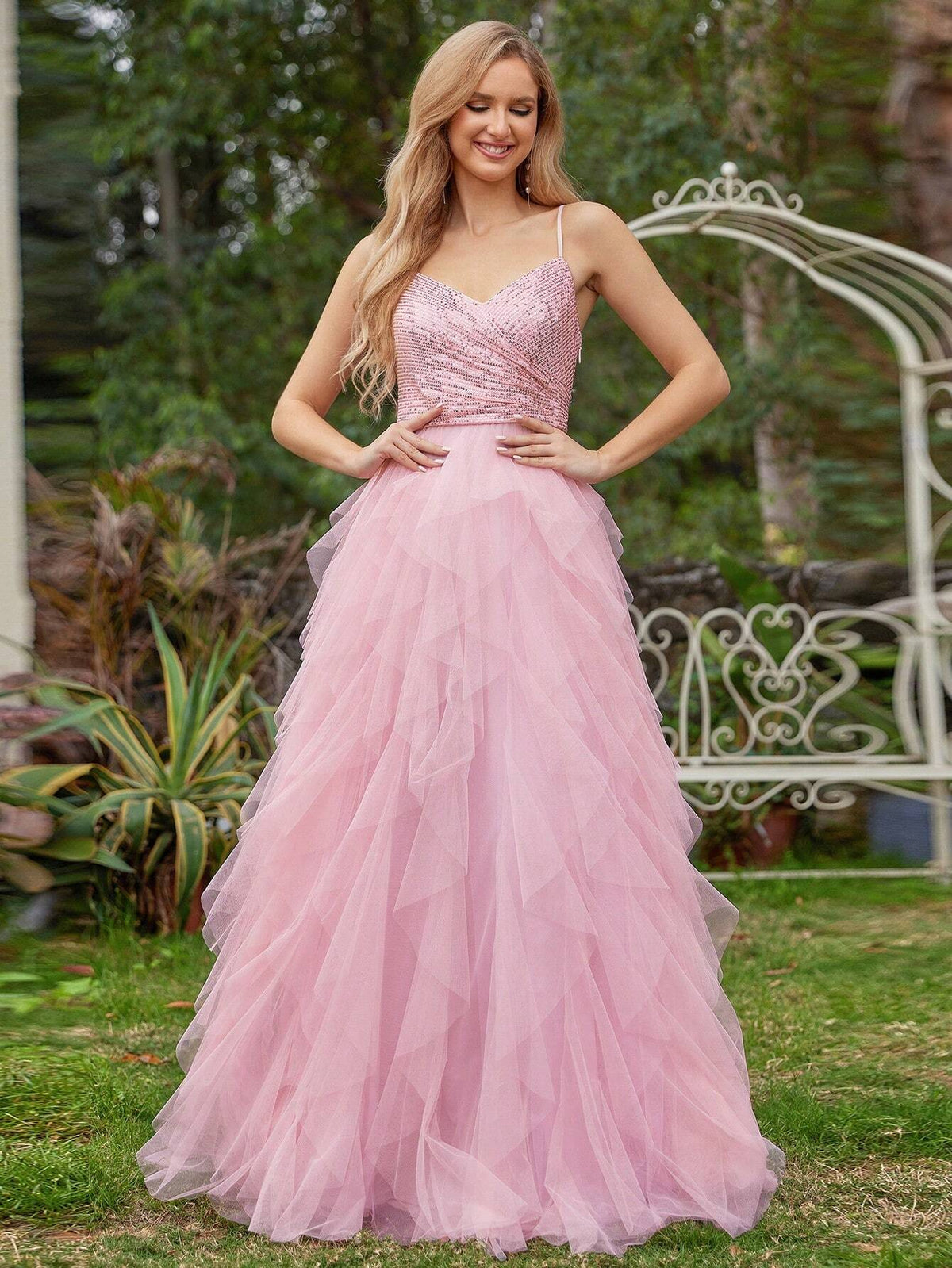 EVER-PRETTY Mesh Spaghetti Strap Sequin Contrast Wedding Dress