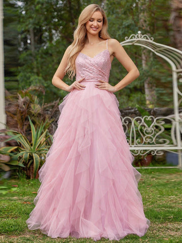 EVER-PRETTY Mesh Spaghetti Strap Sequin Contrast Wedding Dress