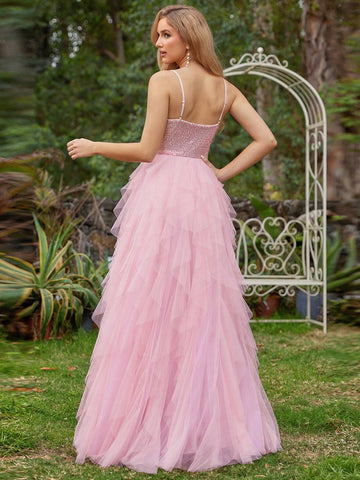 EVER-PRETTY Mesh Spaghetti Strap Sequin Contrast Wedding Dress