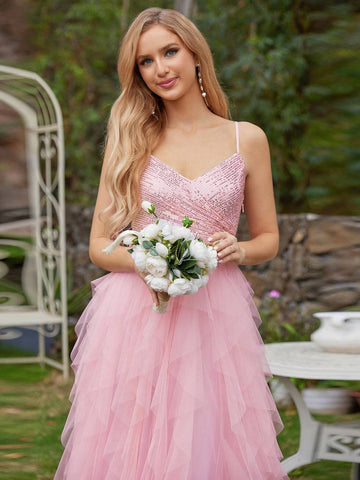 EVER-PRETTY Mesh Spaghetti Strap Sequin Contrast Wedding Dress