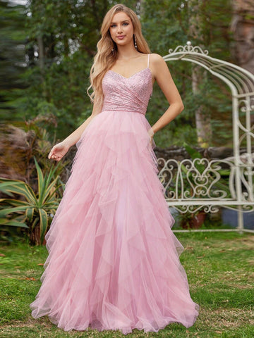 EVER-PRETTY Mesh Spaghetti Strap Sequin Contrast Wedding Dress