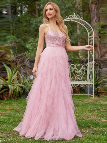 EVER-PRETTY Mesh Spaghetti Strap Sequin Contrast Wedding Dress