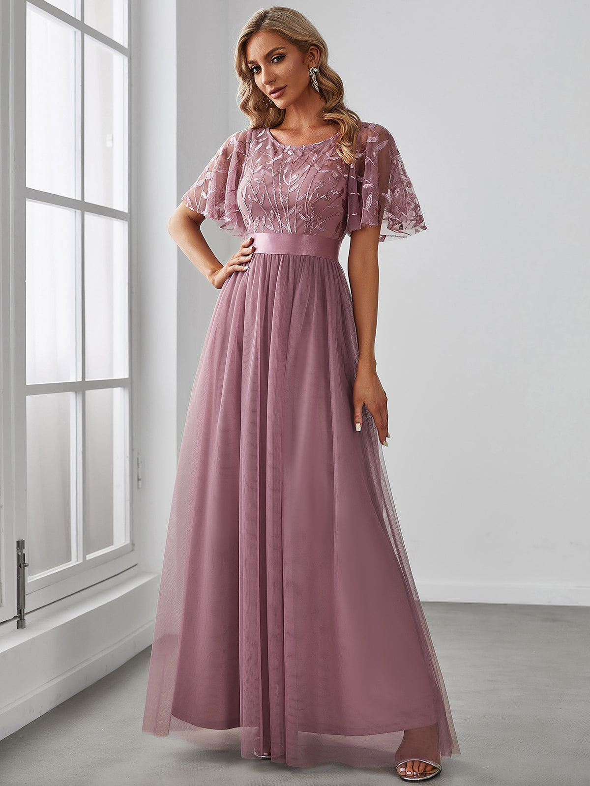 EVER-PRETTY Embroidery & Sequin Bodice Mesh Prom Dress