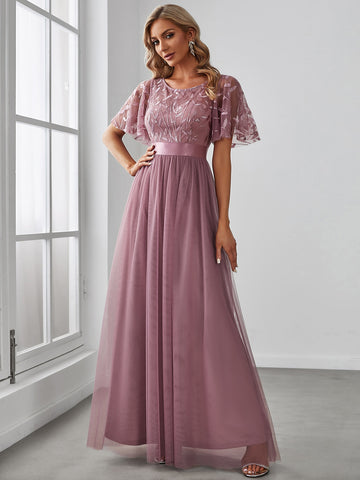 EVER-PRETTY Embroidery & Sequin Bodice Mesh Prom Dress