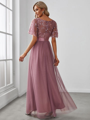 EVER-PRETTY Embroidery & Sequin Bodice Mesh Prom Dress