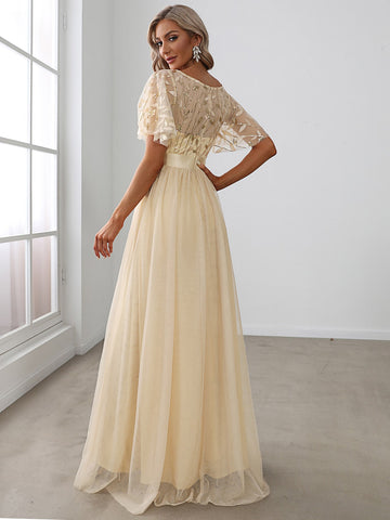 EVER-PRETTY Embroidery & Sequin Bodice Mesh Prom Dress