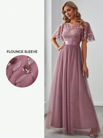 EVER-PRETTY Embroidery & Sequin Bodice Mesh Prom Dress